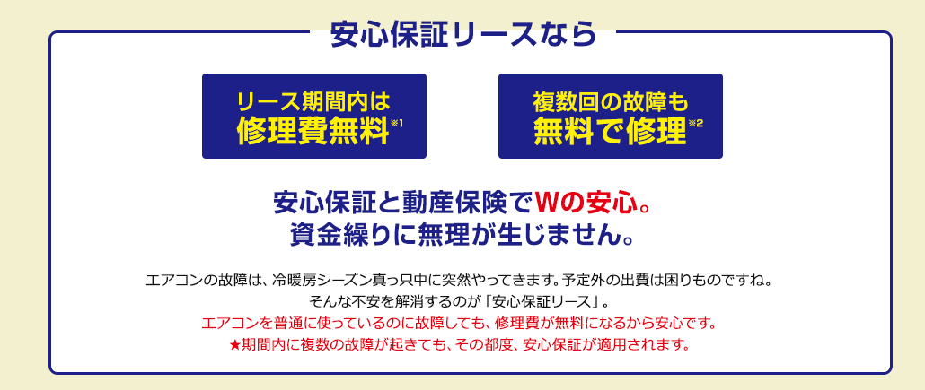 安心保証と動産保険でWの安心。資金繰りに無理が生じません。