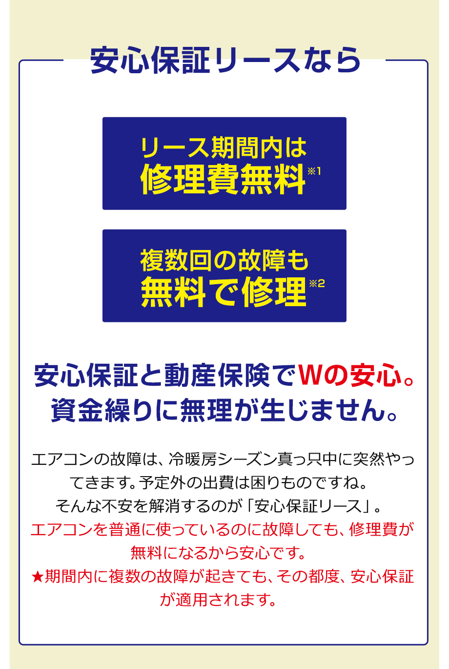 安心保証と動産保険でWの安心。資金繰りに無理が生じません。