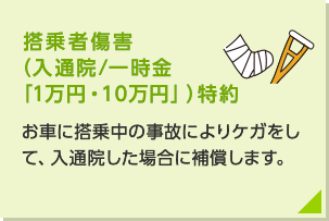 搭乗者傷害(入通院/一時金「1万円・10万円」)特約:お車に搭乗中の事故によりけがをして、入通院した場合に補償します。